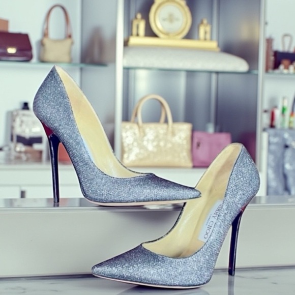 Jimmy Choo Shoes - JIMMY CHOO Abel 100mm Pumps in Anthracite Silver Glitter Metallic 34.5